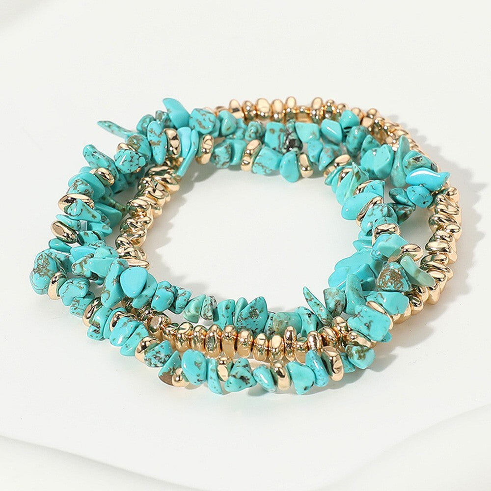 3PCS Natural Stone Beaded Stretch Bracelets Multi Layered Metal Accent Stackable