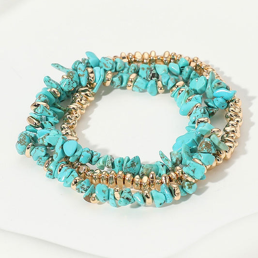 3PCS Natural Stone Beaded Stretch Bracelets Multi Layered Metal Accent Stackable