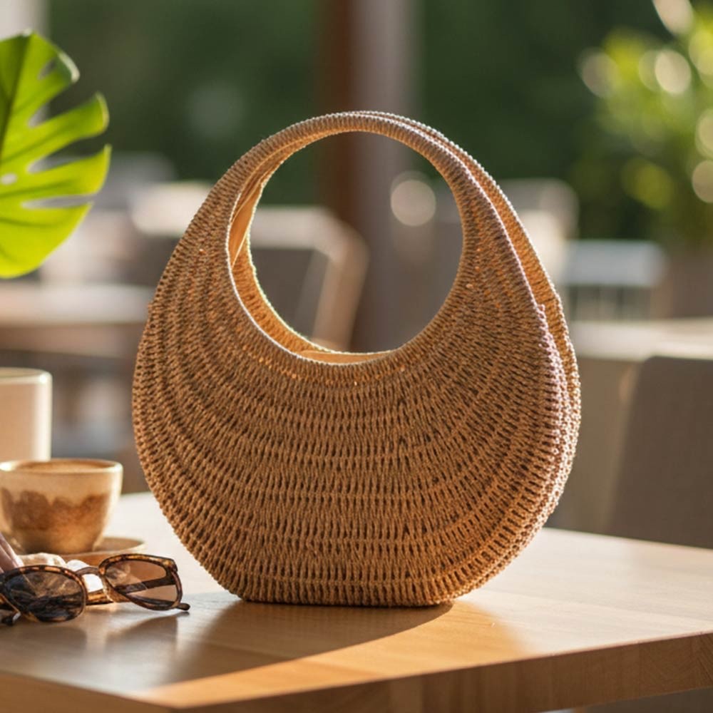 Handmade Woven Straw Crescent Moon Handbag - Summer Beach Vacation Tote Bag