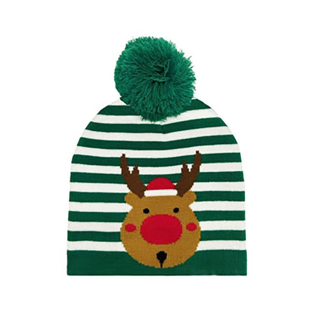 2PC Reindeer Pom Pom Hat Set Green Red Stripe Christmas Beanie Ugly Sweater