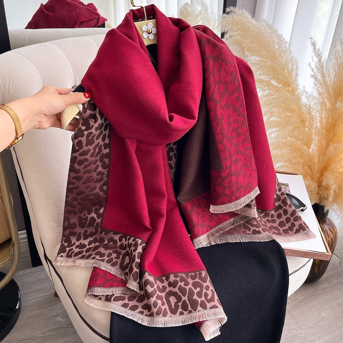 Red Gray Leopard Print Shawl Wrap Scarf Oversized Blanket Cashmere Feel Tassel