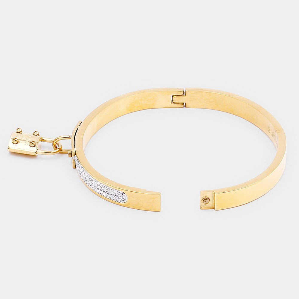 Women's FOREVER LOVE Metal Lock Charm Stainless Steel Evening Bracelet Gold Tone