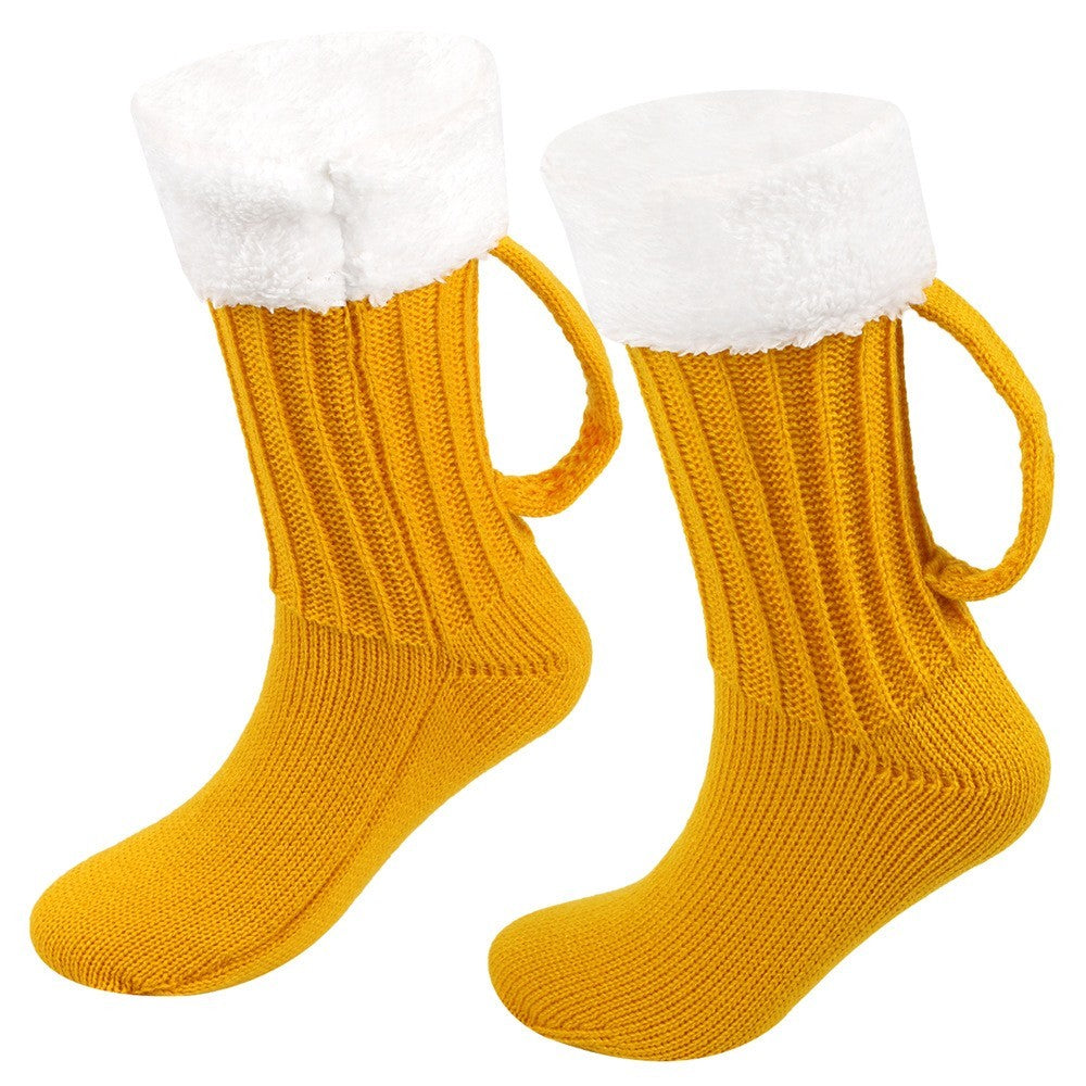 Novelty Beer Mug Socks Cozy Knitted Fleece Slipper House Shoes Funny Gift
