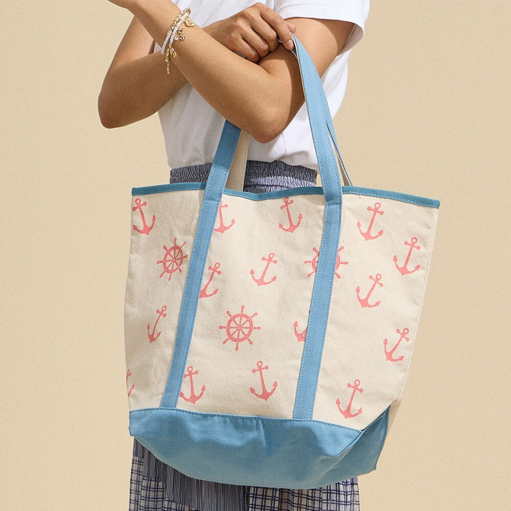 Anchor Wheel Printed Canvas Tote Bag Nautical Beach Travel Shoulder Handbag