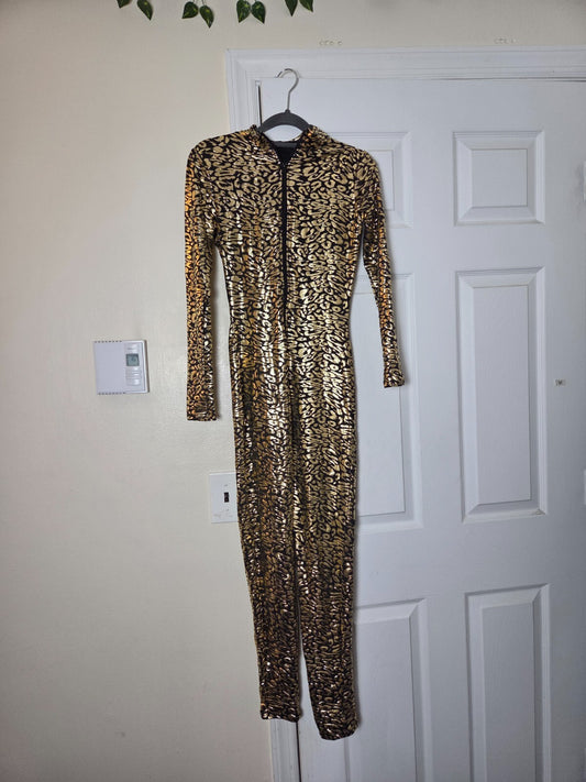 Women’s Leopard Print Bodysuit Jumpsuit Cat Costume Gold Detail Size US S/M