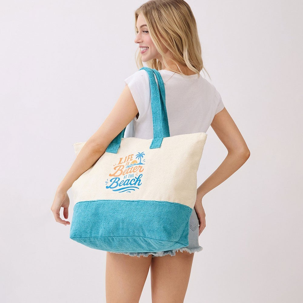 Women's "Life is Better at the Beach" Message Terry Tote Bag Inner Pockets Blue