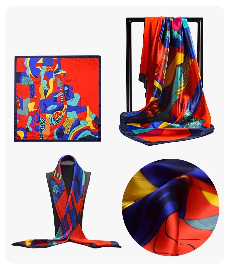 Abstract Art Cubist Style Silk Feel Large Square Scarf Neckerchief Red Blue 35in