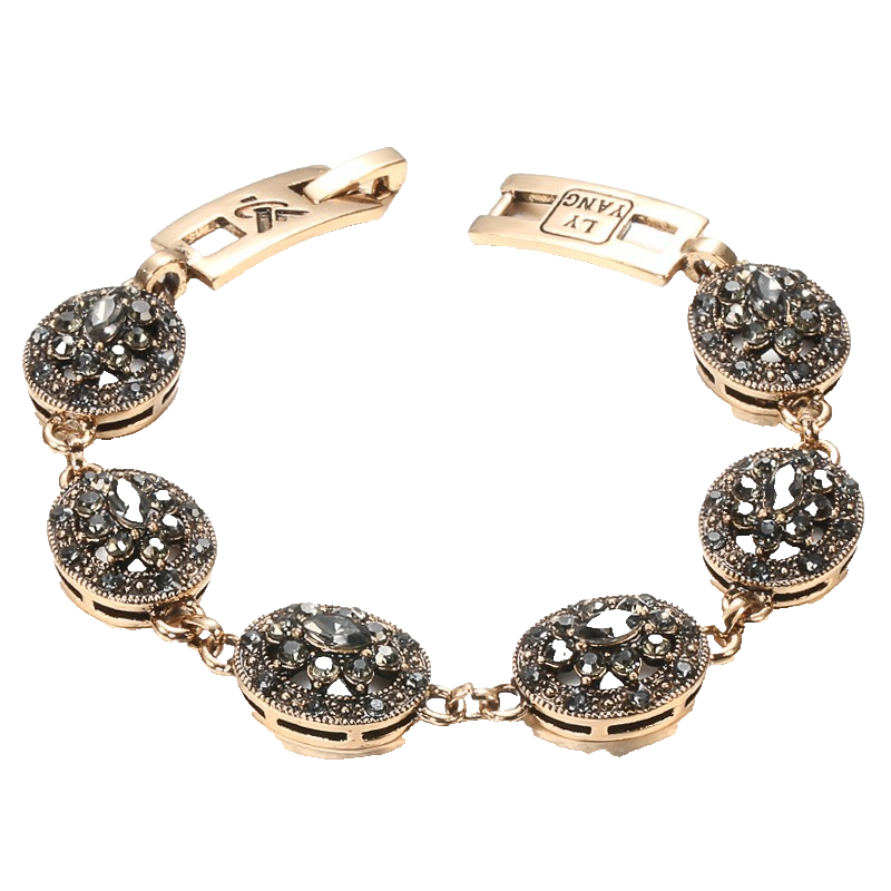 Antique Gold Crystal Flower Turkish Link Bracelet Bohemian Ethnic Jewelry