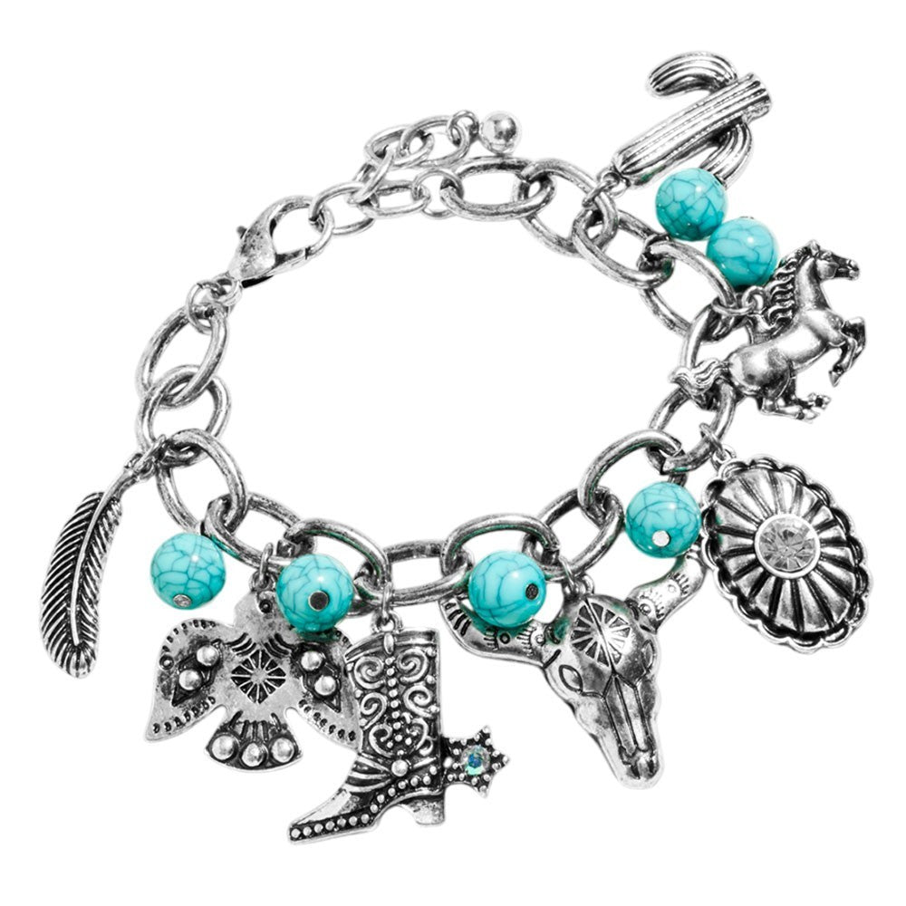 Boho Western Cowboy Boot Steer Head Cactus Concho Feather Charm Station Bracelet