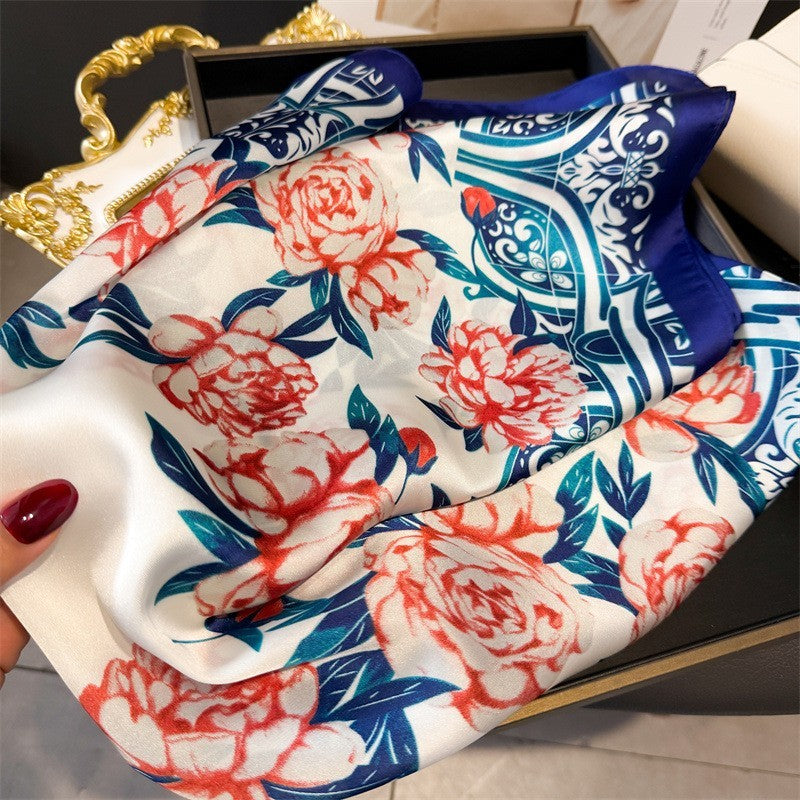 Elegant Floral Square Scarf White Red Rose Blue Baroque Satin Neckerchief Bandan