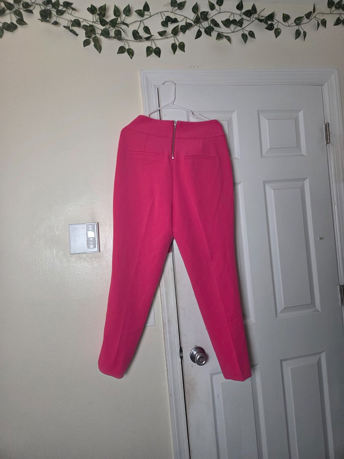 Hot Pink Self-Belted High Waist Tapered Pants for Women Slim Fit Office Trousers