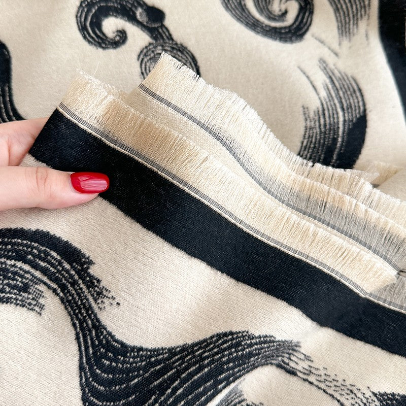 Reversible Black & Beige Floral Print Shawl Scarf Oversized Luxury Wrap for Lady