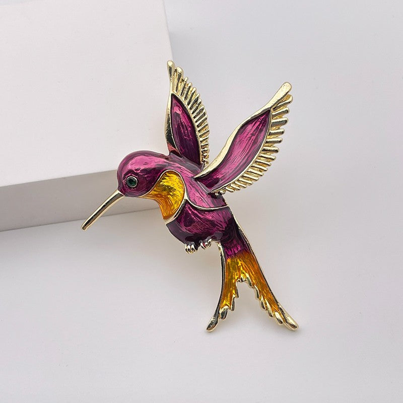 Vintage Style Hummingbird Brooch Pin Purple Yellow Enamel Gold Tone Bird Jewelry