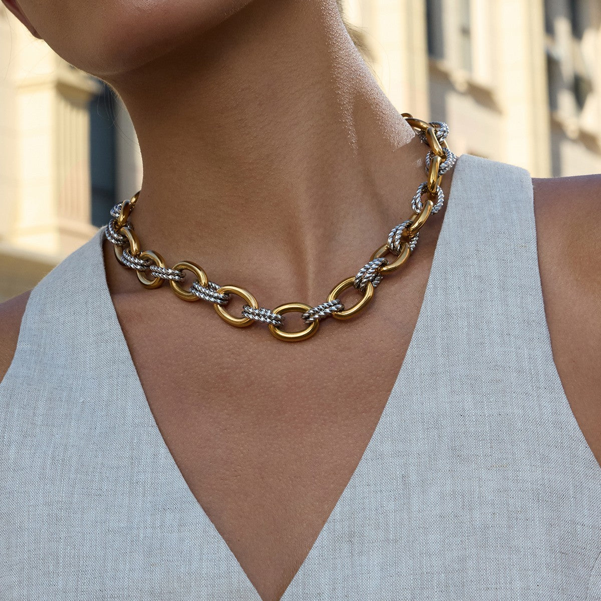 Two-Tone Stainless Steel Curb Chain Necklace & Bracelet Set 2PC Men Women Gift