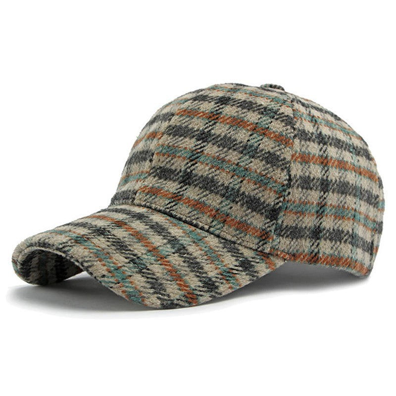 Mens Plaid Wool Blend Baseball Cap Orange Teal Adjustable Winter Hat