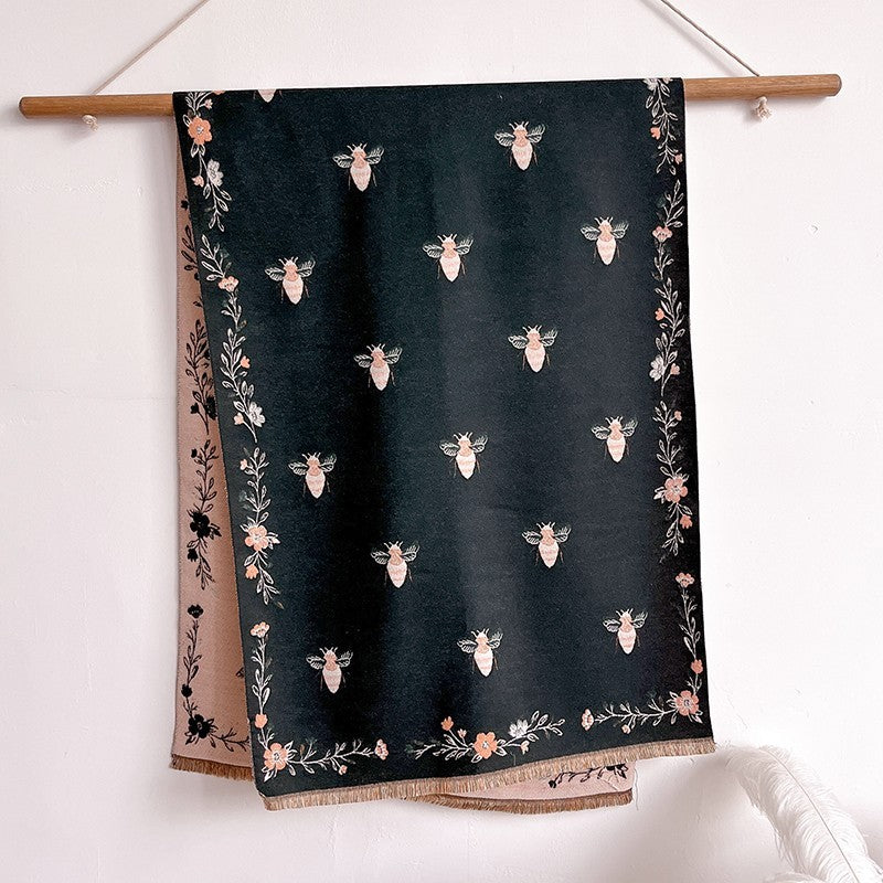 Statement Shawl Bee and Floral Embroidery Lightweight Soft Polyester Wrap
