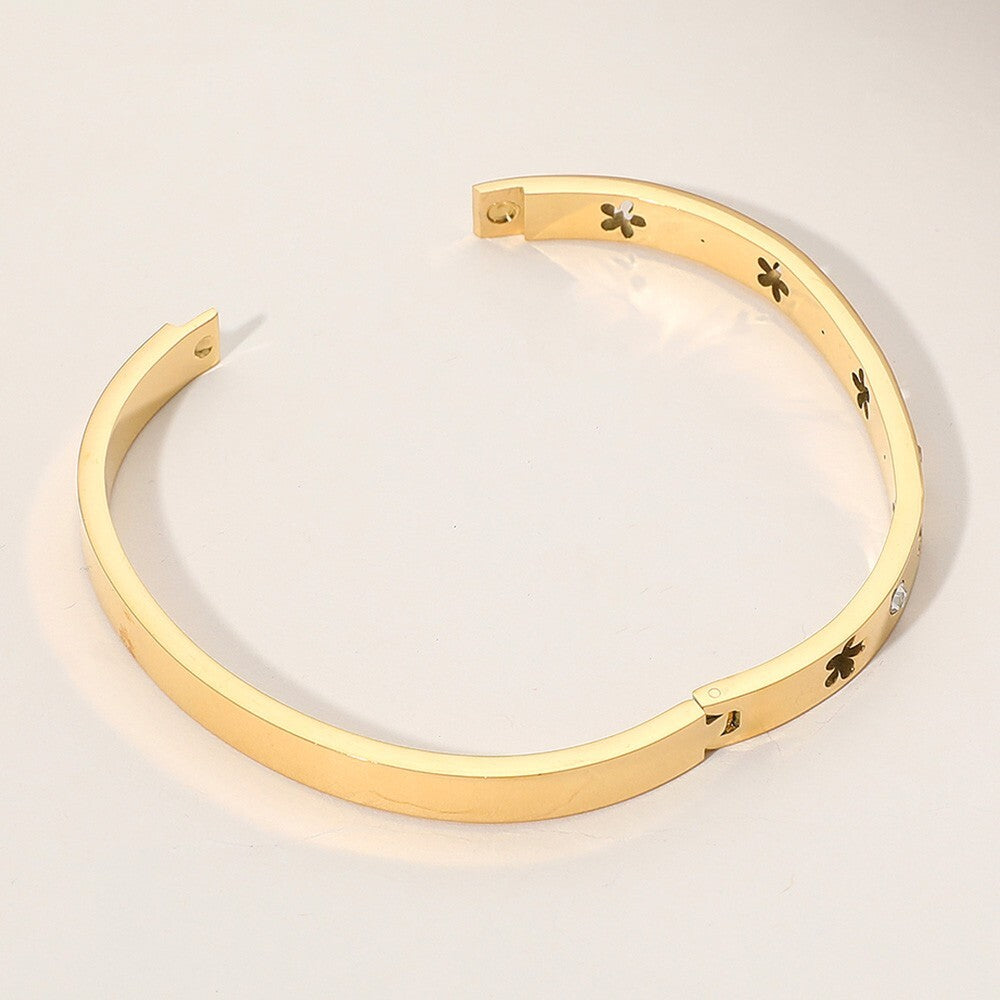 Stainless Steel Flower Cutout Hinged Bangle Bracelet with Sparkling Stones