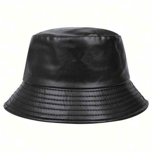 Black Faux Leather Bucket Hat Unisex Wide Brim Fisherman Cap Streetwear