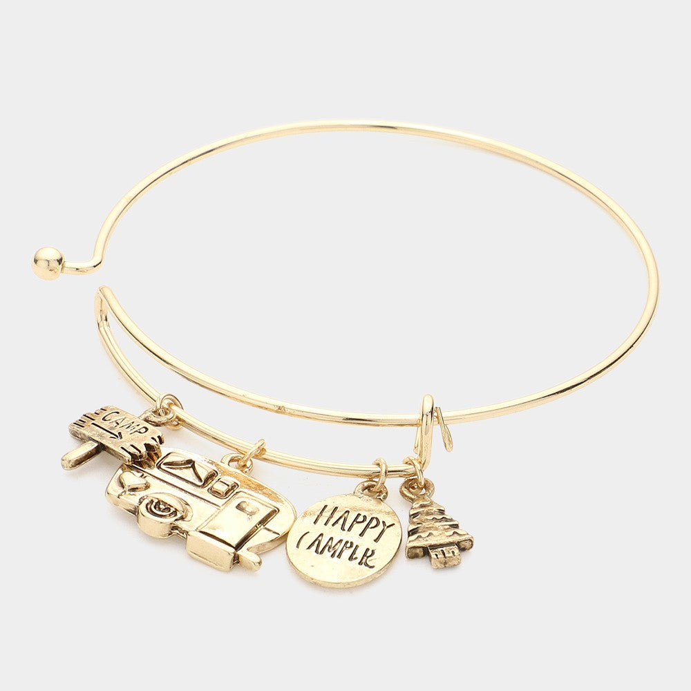 Happy Camper Gold Charm Bangle Bracelet Camping Theme Jewelry Gift