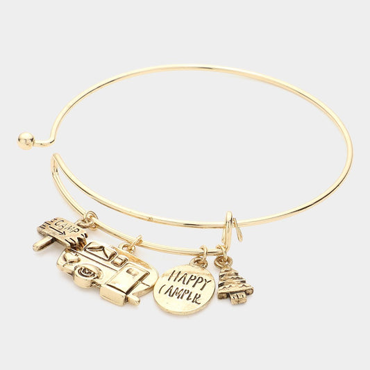 Happy Camper Gold Charm Bangle Bracelet Camping Theme Jewelry Gift