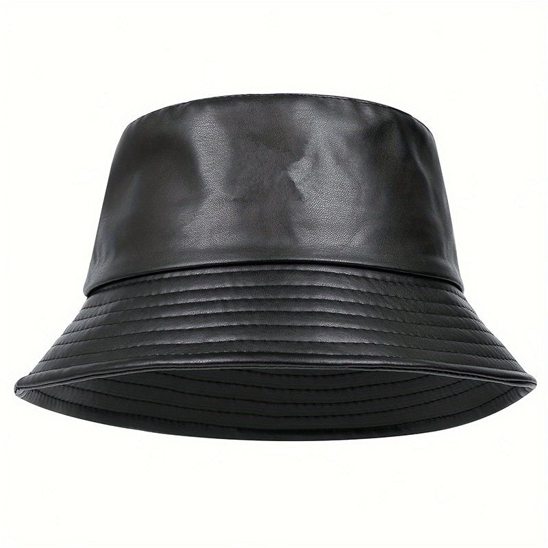Black Faux Leather Bucket Hat Unisex Wide Brim Fisherman Cap Streetwear