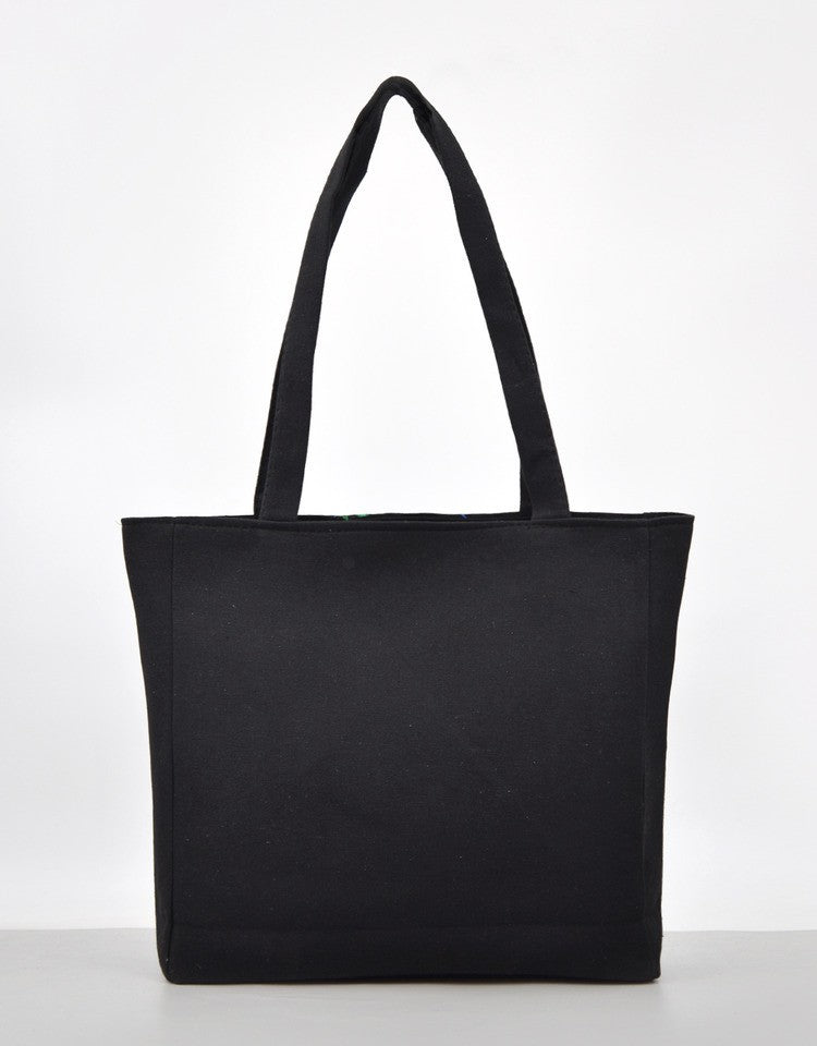 Vintage Red Floral Embroidered Black Canvas Tote Bag Handbag Purse