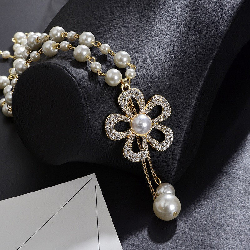 Camellia Flower Pearl Sweater Necklace Long Chain Crystal Pendant Jewelry