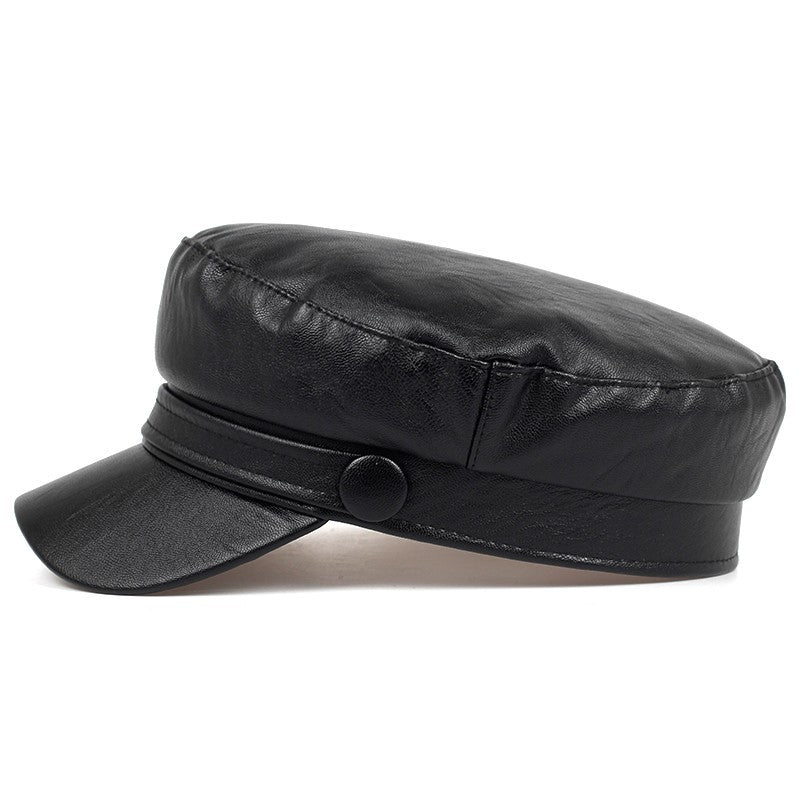 Black Faux Leather Newsboy Cap Women Baker Boy Captain Hat Sailor Peaked Visor