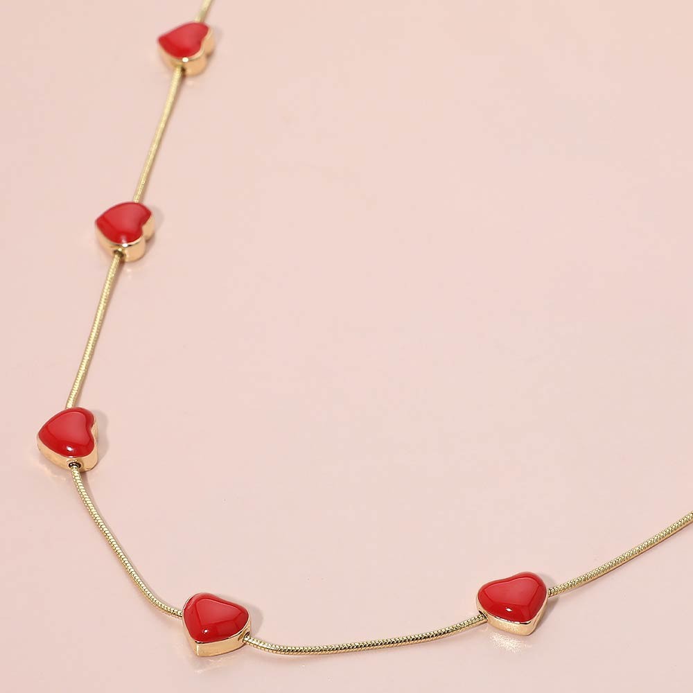 Gold Tone Sleek Chain Red Enameled Heart Charm Station Necklace w/ Lobster Clasp