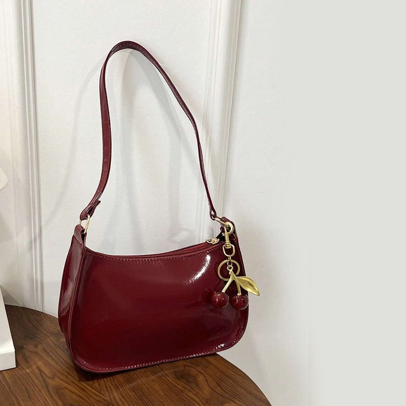 Glossy Cherry Red Patent Shoulder Baguette Bag with Cherry Charm Y2K Aesthetic