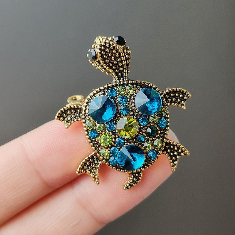 Small Turtle Rhinestone Brooch for Women Girls Colorful Blue Crystal Animal Pin