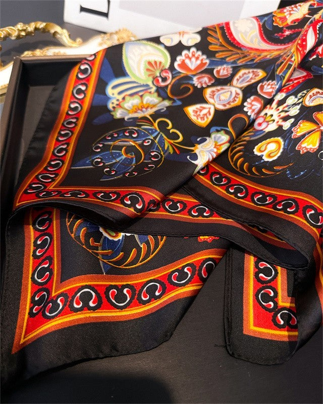 Luxury Black Paisley Floral Silk Feel Scarf Head Wrap 35in Foulard Twilly Set