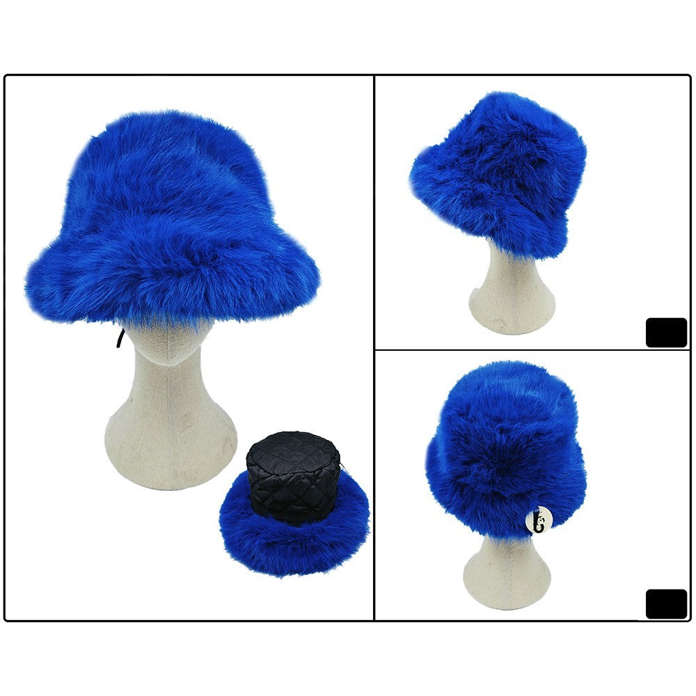 Electric Blue Faux Fur Bucket Hat Winter Warm Cozy Shaggy Statement Hats Unisex