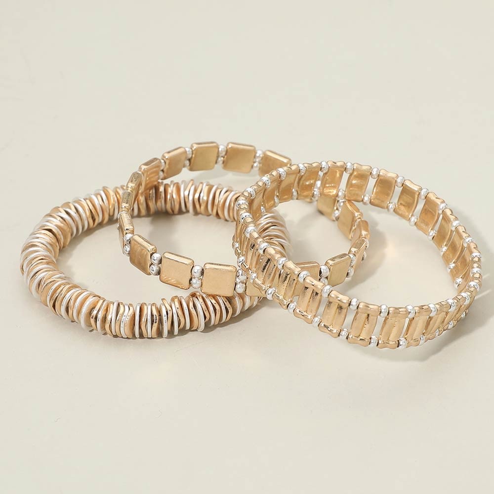 3pc Gold & Silver Mixed Metal Stretch Bracelet Set - Boho Stackable Jewelry