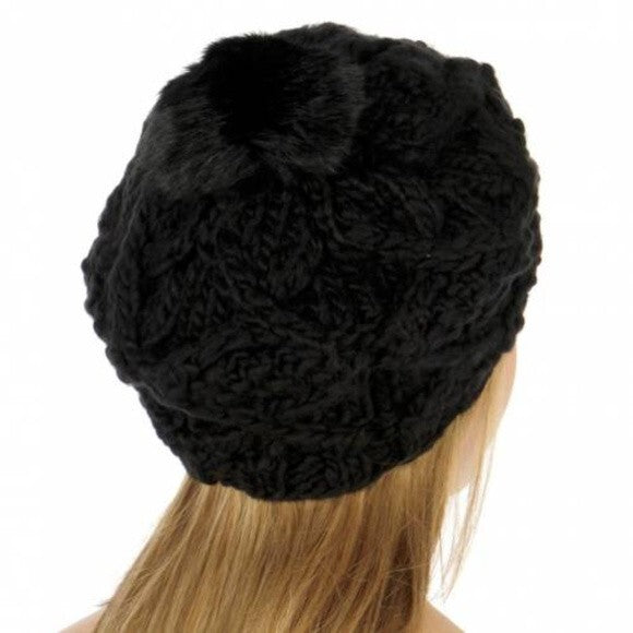 Women's Faux Fur Pom Pom Cable Knit Beret Black for Winter Weather
