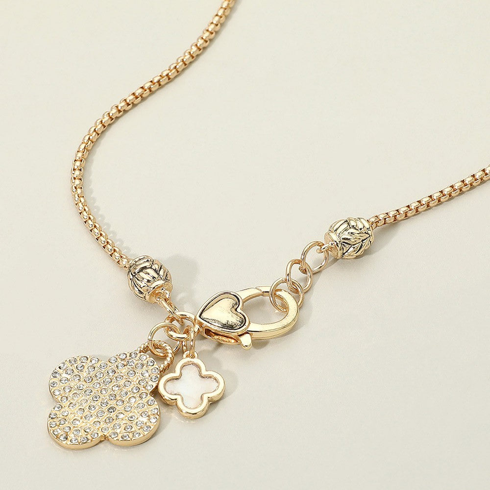 Gold Charm Necklace Heart Clasp Rhinestone Clover Enamel Pendant Gift Jewelry