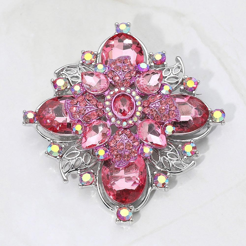 2pcs Vintage Floral Crystal Rhinestone Brooch Pin Set Pink and Silver Jewelry