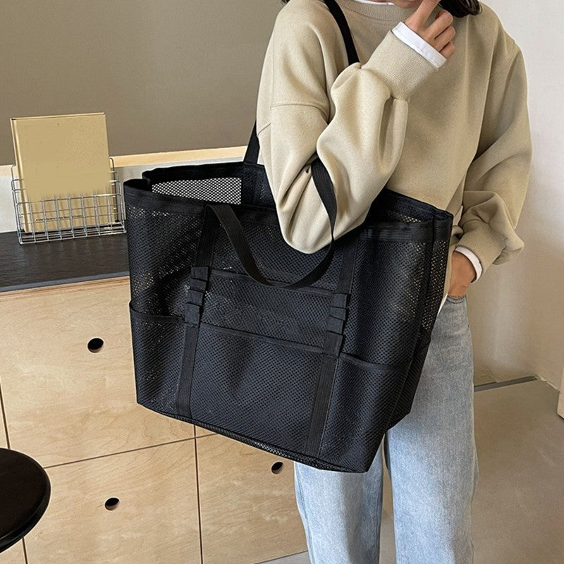 Extra Large Mesh Tote Bag Black Shoulder Beach Gym Travel Organizer Pockets
