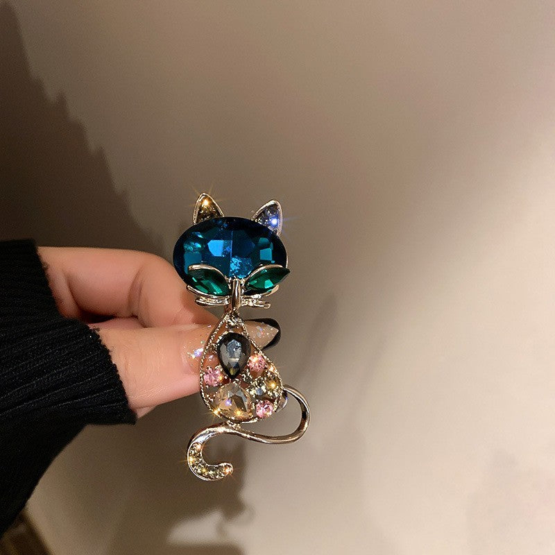 Sparkling Teal Crystal Cat Brooch Pin Animal Lover Jewelry Gift Rhinestone