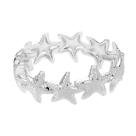 Silver Textured Starfish Link Hinged Bangle Bracelet for Women Ocean Jewelry