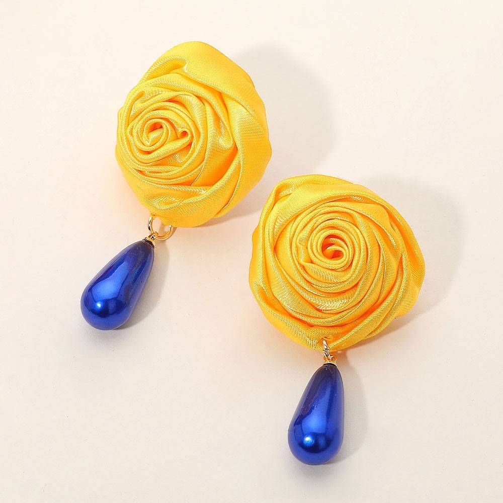 Dangle Satin Yellow Rose Drop Earrings with Blue Teardrop Faux Pearls for Women