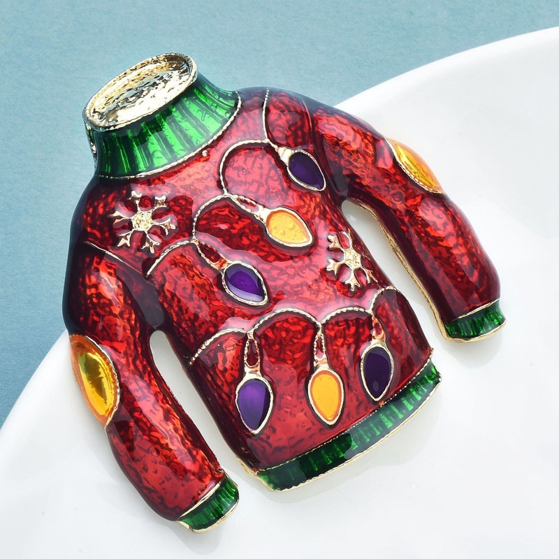 Ugly Christmas Sweater Brooch Festive Enameled Holiday Lights Pin 2in Gift