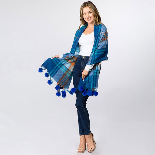 Faux Fur Pom Pom Plaid Scarf with Tassels Winter Warm Cozy Wrap for Women