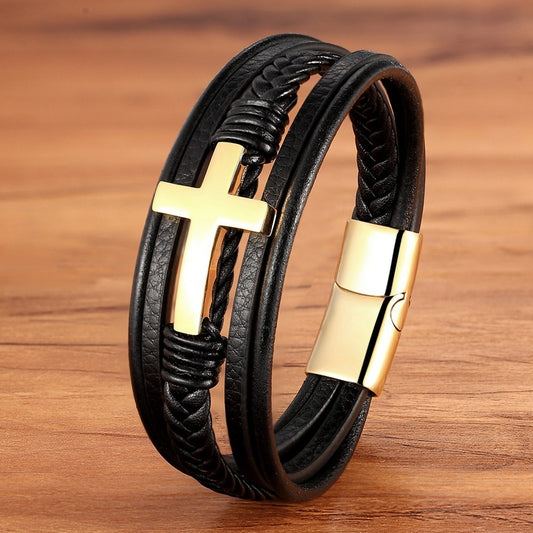 Men's Black Leather Braid Multi-Layer Bracelet Gold Cross Magnetic Clasp
