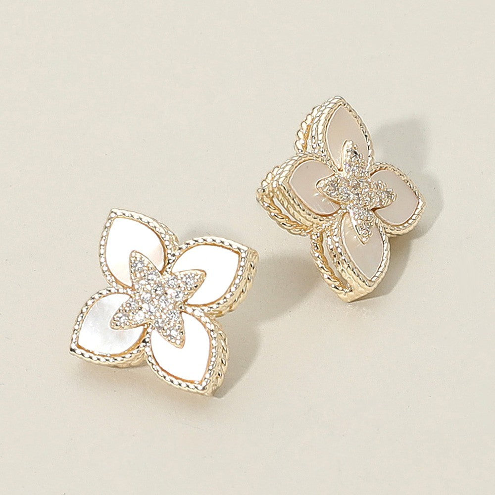 Gold Dipped Mother of Pearl Clover CZ Floral Stud Earrings 0.75" Post Back