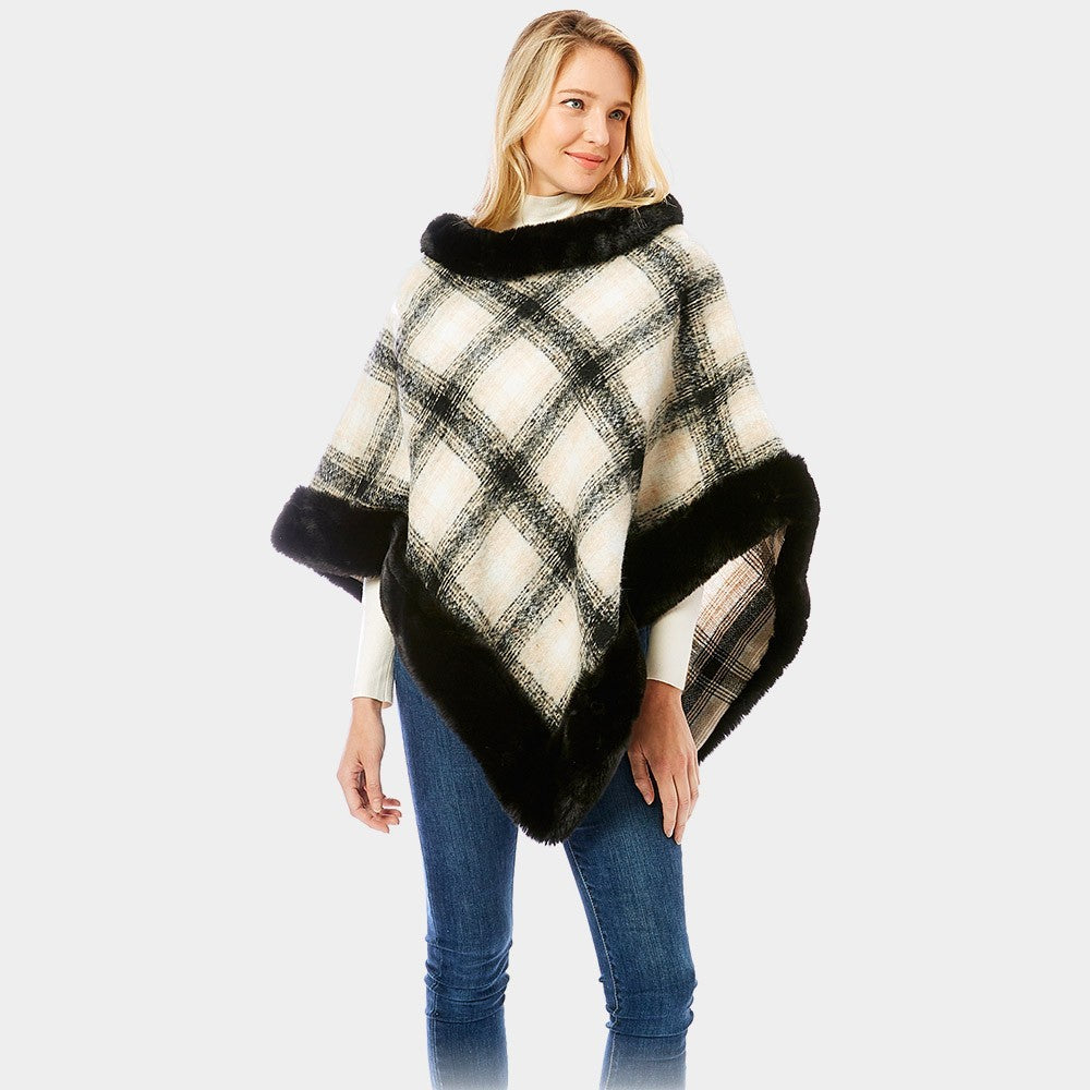 Plaid Check Poncho with Faux Fur Trim Women’s Cape Shawl Layered Winter Wrap