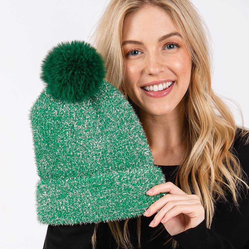 Green Metallic Tinsel Beanie with Faux Fur Pom - 100% Nylon Fleece Lined Hat