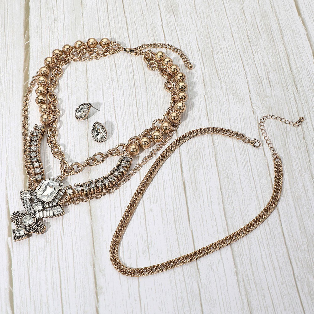 2pcs Gold-Tone Statement Jewelry Set Rhinestone Pendant Necklace & Stud Earrings