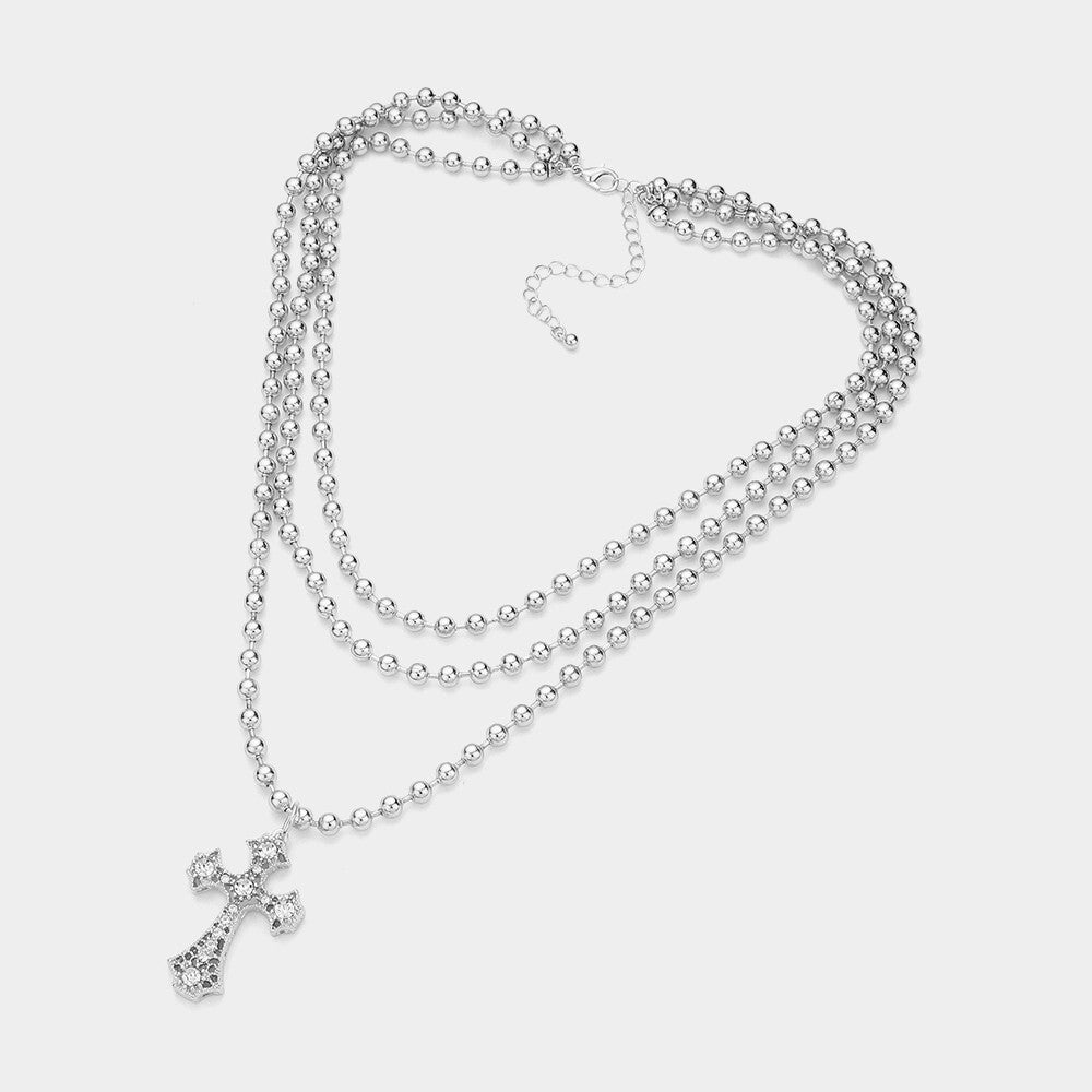 SECRET BOX_Stone Pointed Cross Pendant Bubble Chain Triple Layered Necklace