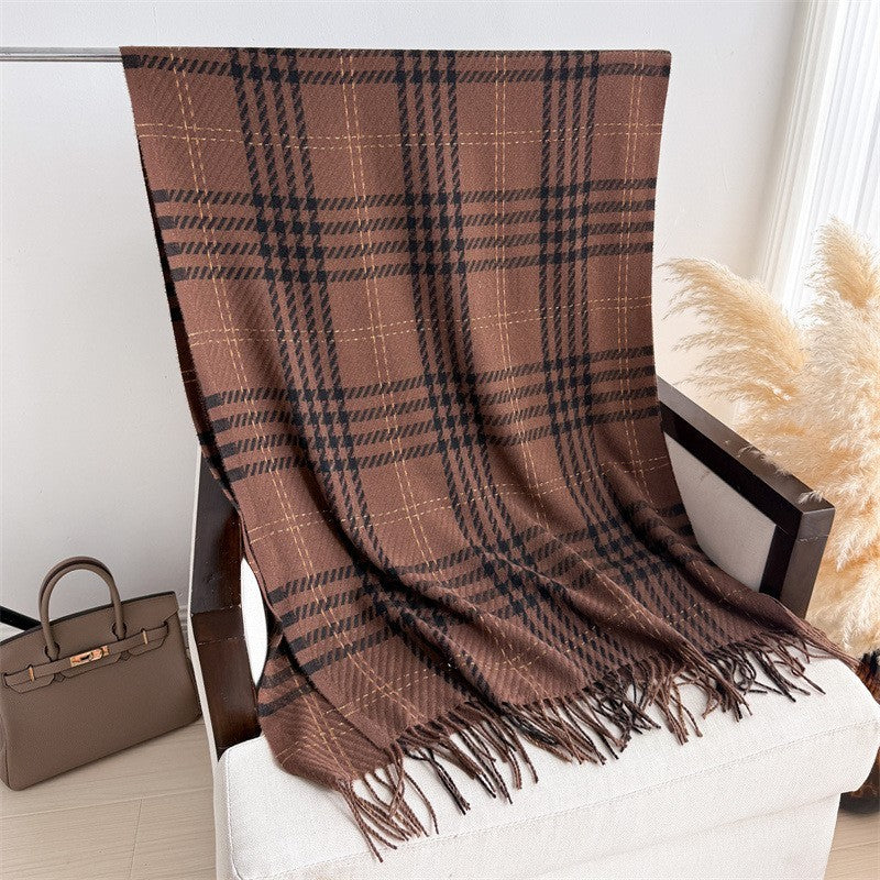 Brown Black Houndstooth Plaid Scarf Shawl Wrap Metallic Fringe Winter Warm